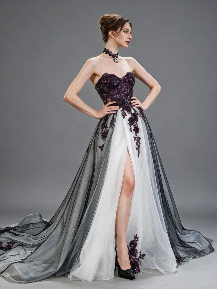 Purple 3D Floral Strapless Evening Gown with Black White Tulle YX26109