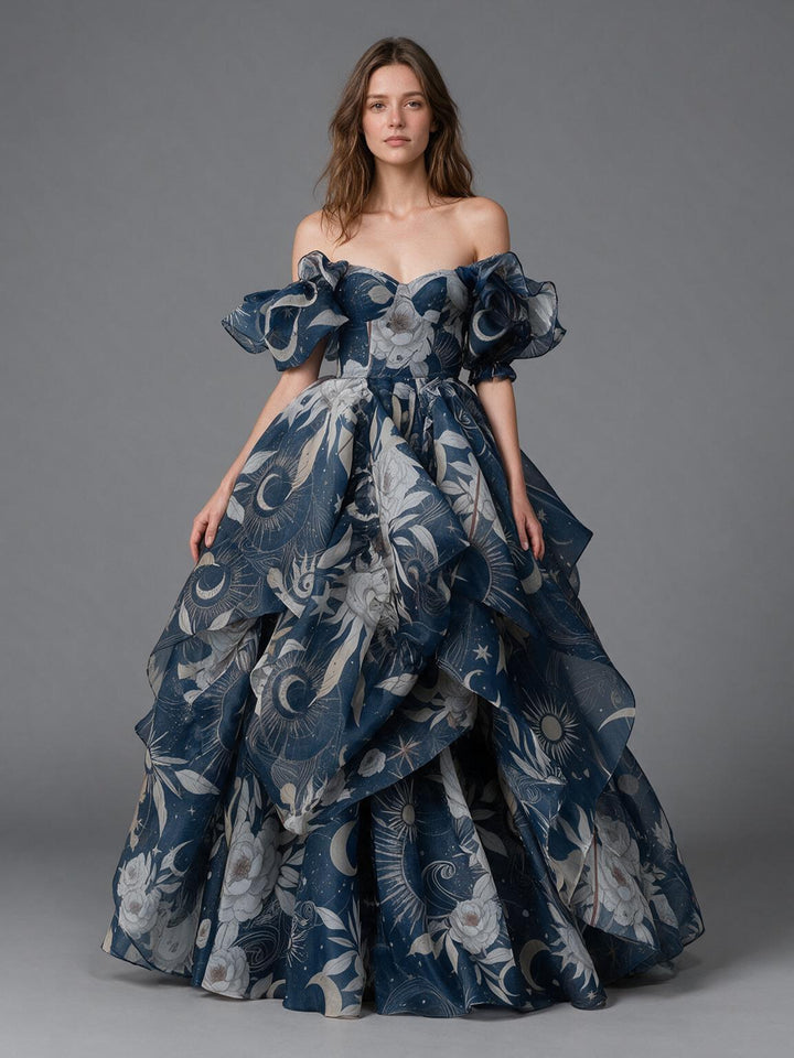 Navy Celestial Floral Off-Shoulder Puff Sleeve Princess DressYW2610156
