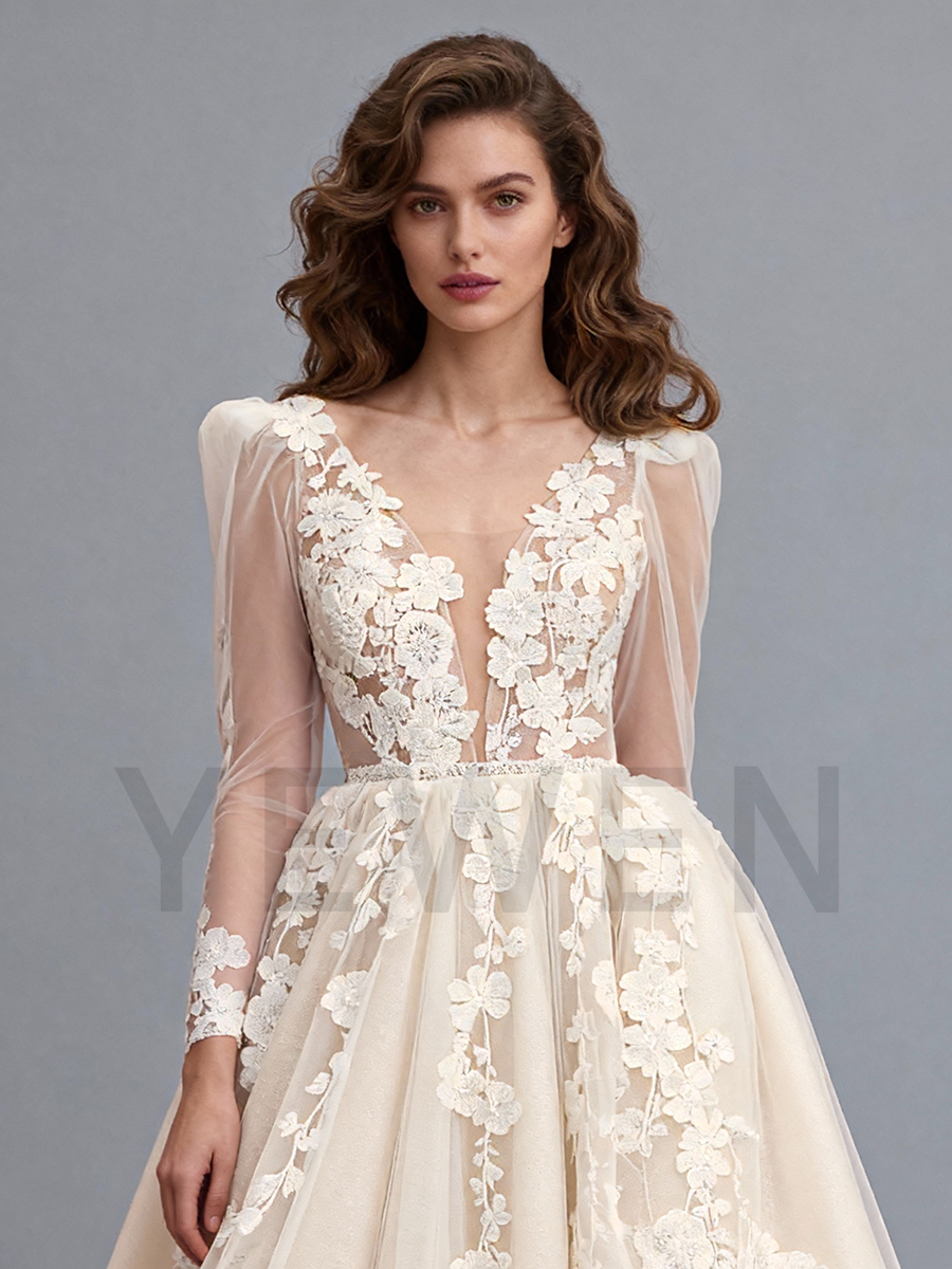 A Line Backless Wedding Dress Lace Applique Tulle Wedding Gown