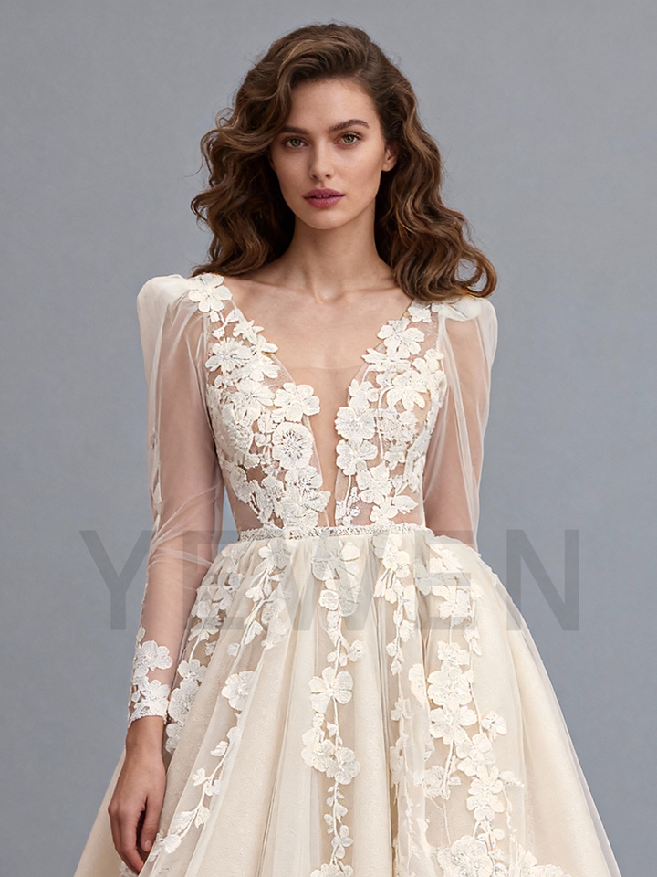 A Line Backless Wedding Dress Lace Applique Tulle Wedding Gown