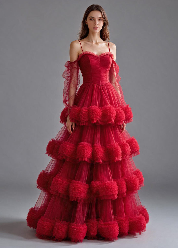 Off-Shoulder Puff Sleeve Evening Gown with Pom-Pom Tiered Skirt YX004
