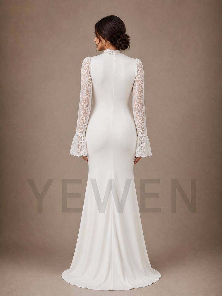 White Keyhole Maternity Baby Shower Dress High Neck Gown with Lace Sleeves ZX016