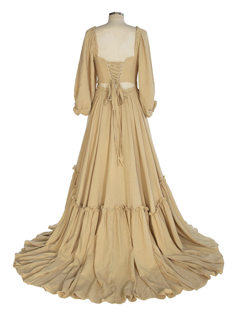 Elegant Long Sleeve Cotton Maxi Dress with Elastic Back Waist