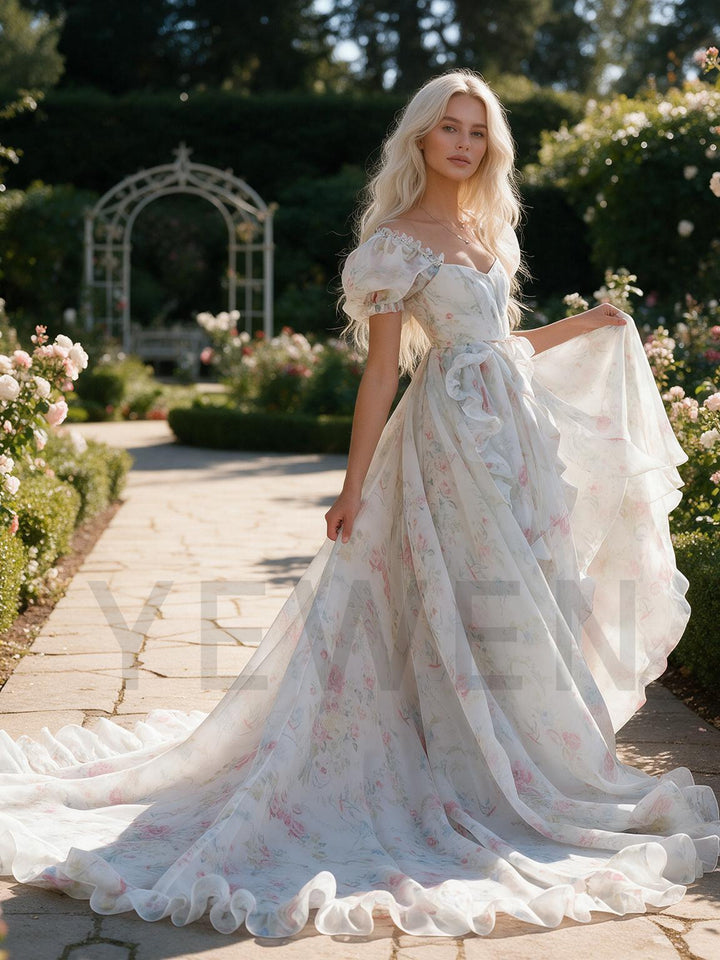 Pastel Watercolor Floral Ruffle Puff Sleeve Princess Dress YW2609274