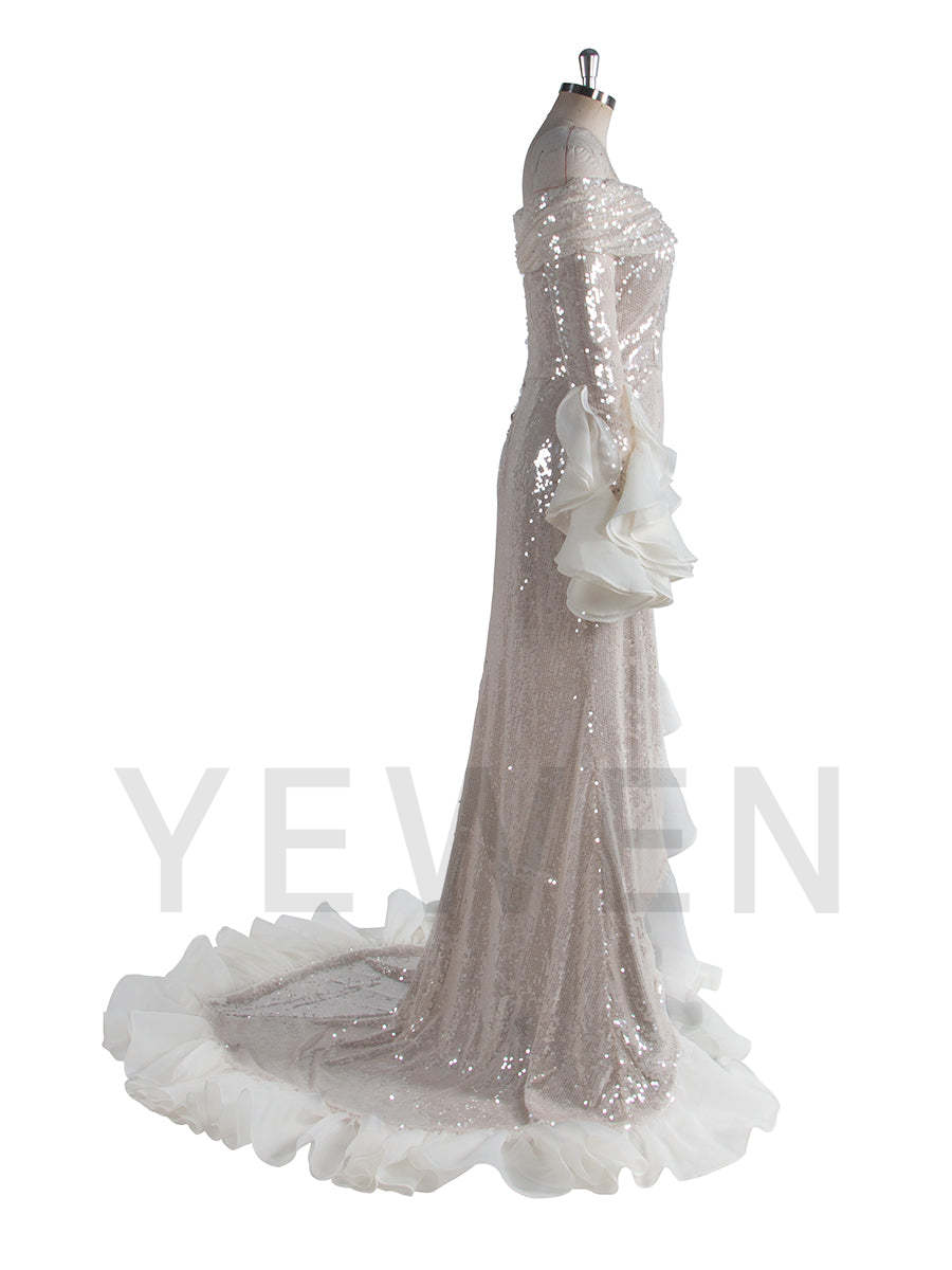 Fashion Shiny sequins Prom Party Dress Long sleeve Off Shoulder Asymmetrical Party Gown YW250020