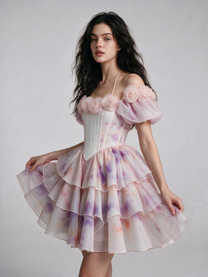 Pink Purple Floral Watercolor 3D Rose Princess Dress WT268016
