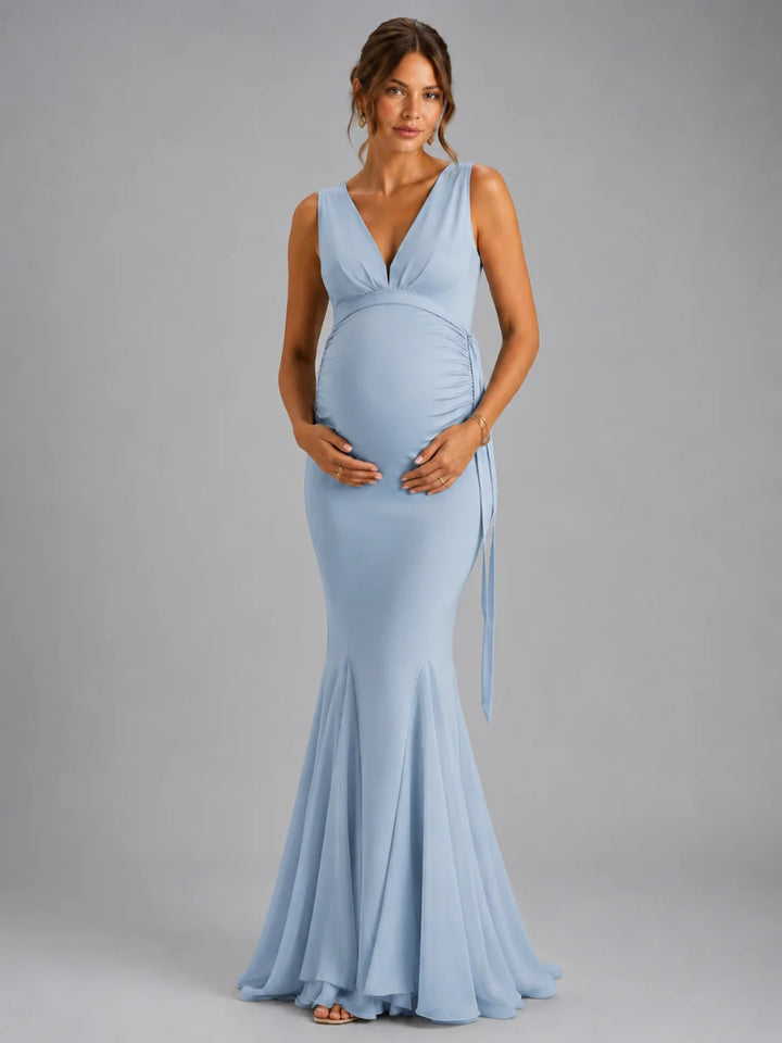 V-Neck Ruched Side Maternity Dress for Photoshoot & Gender Reveal L-26814