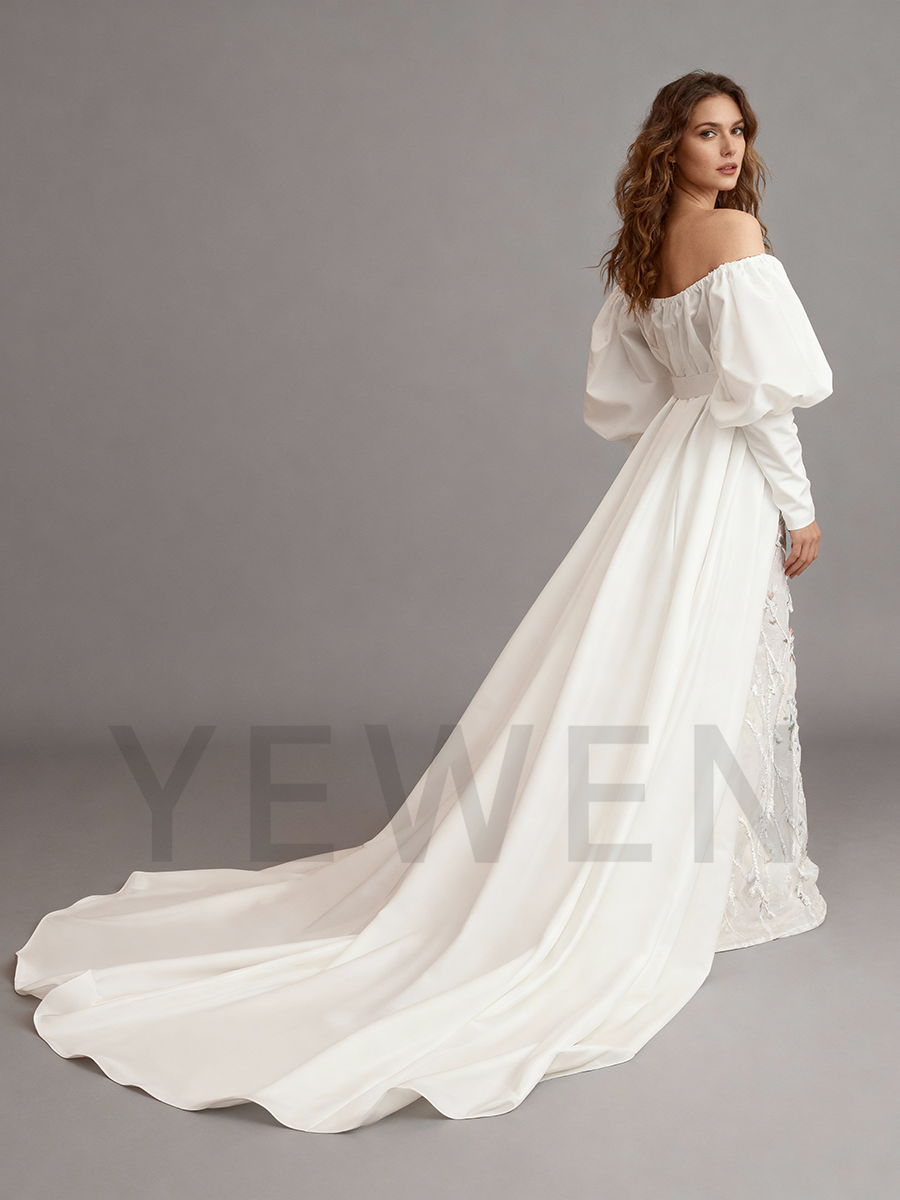 Fashion V Neck Mermaid Beads Wedding Dress Off Shoulder Long Sleeves Bridal Gown