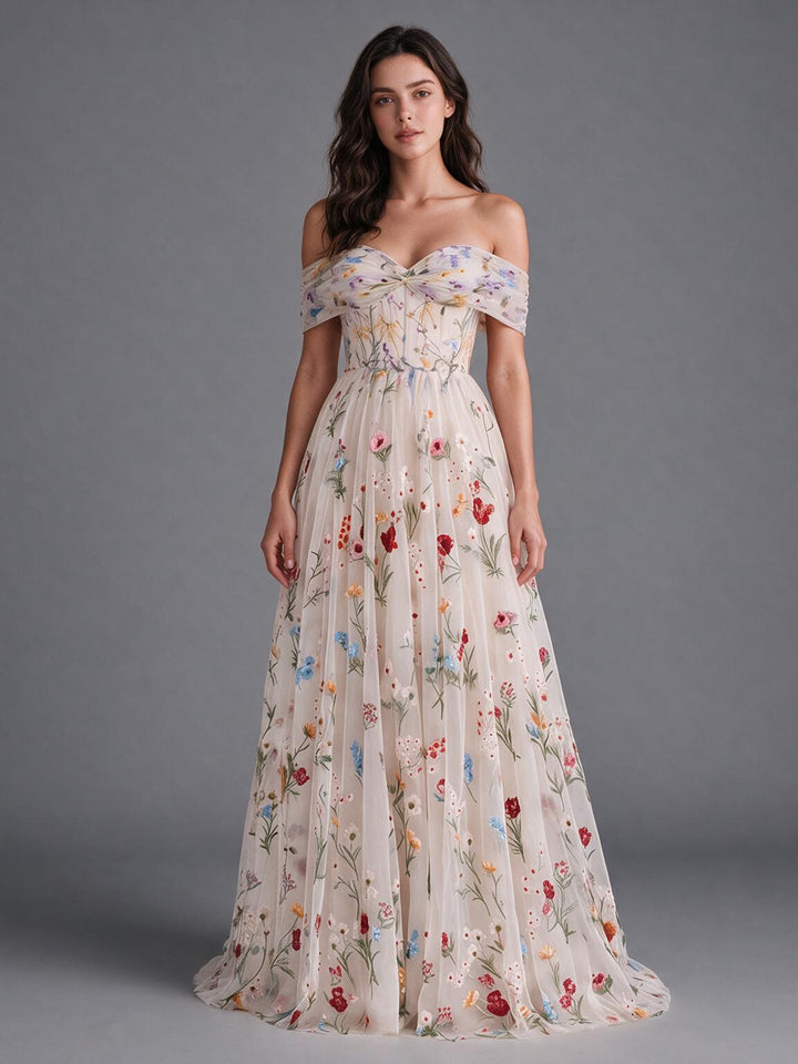 Nude A-Line Off-Shoulder Twist Front Floral Wedding Dress