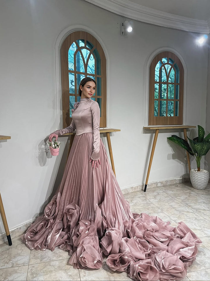 Luxury Evening Dresses Big 3D flowers Pleated Skirt Long Sleeves Evening Gown
