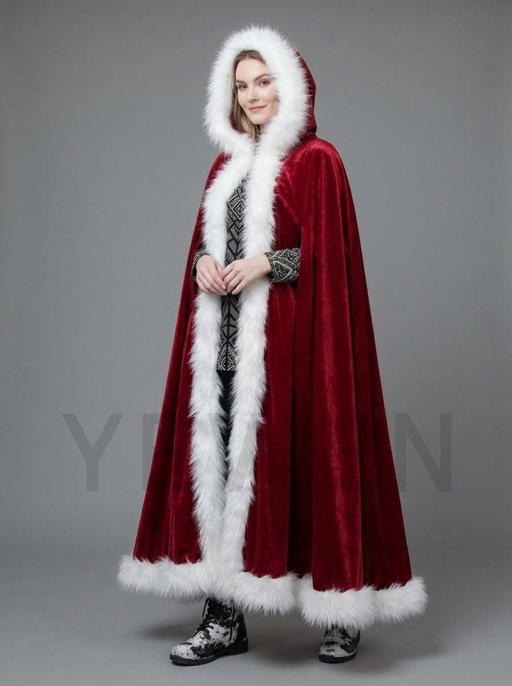Velvet Hooded Christmas Cape with White Faux Fur Trim YD261013
