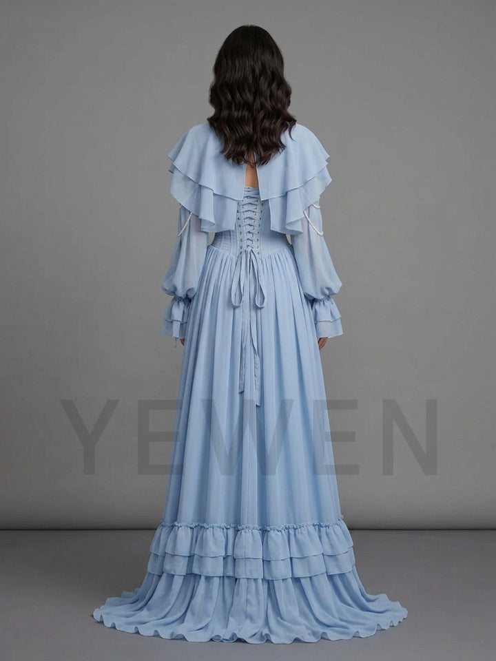 Blue Detachable Cape Sleeve Pearl Ruffle Corset Evening Gown YD260910