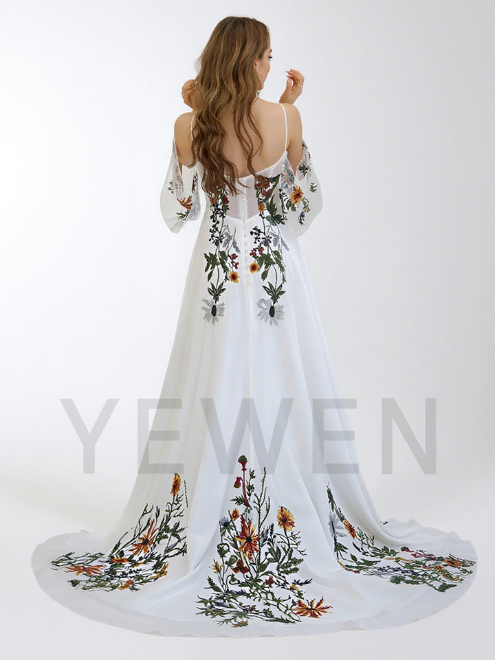 Boho Colorful 3D Lace Wedding Dress Garden Wedding Gown with Short Butterfly Sleeves