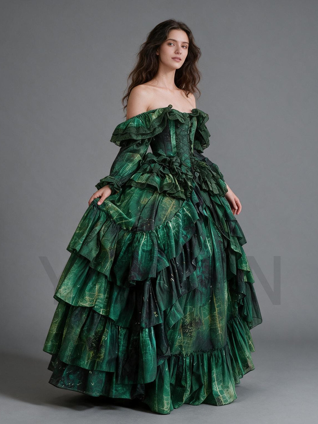 Vintage Print Puff Sleeve Tiered Ruffle Princess Dress YW2610155