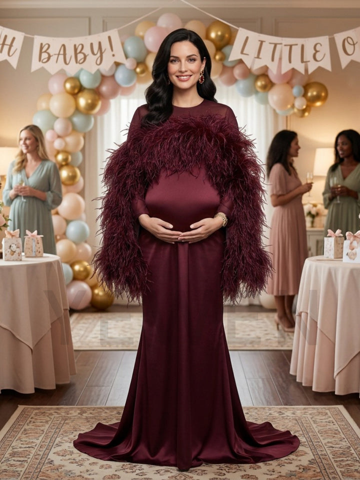 Burgundy Dramatic Feather Cape Maternity Baby Shower Dress YD260917