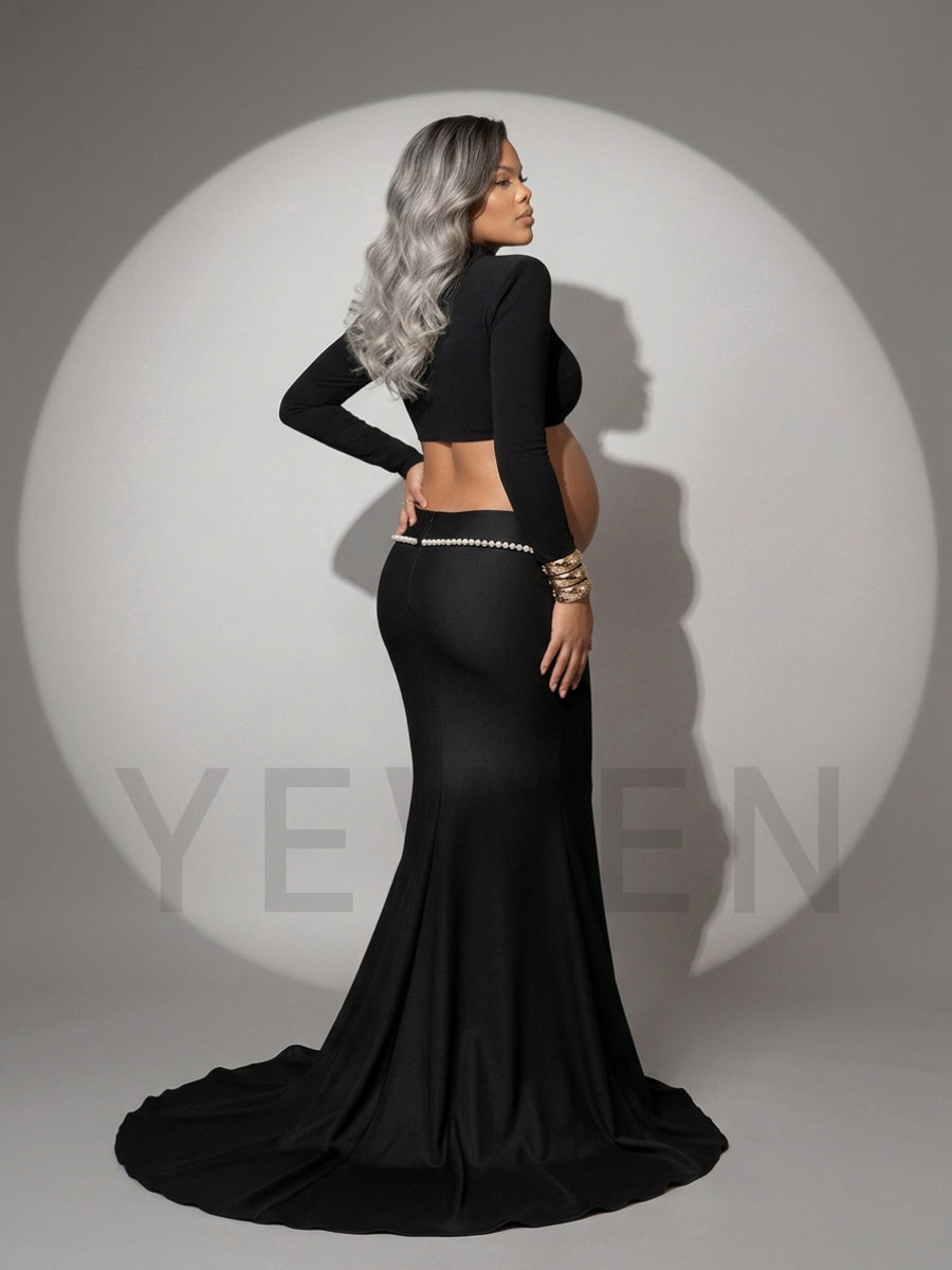 Two-Piece Mock Neck Pearl Trim Maternity Photoshoot Gown YD260931