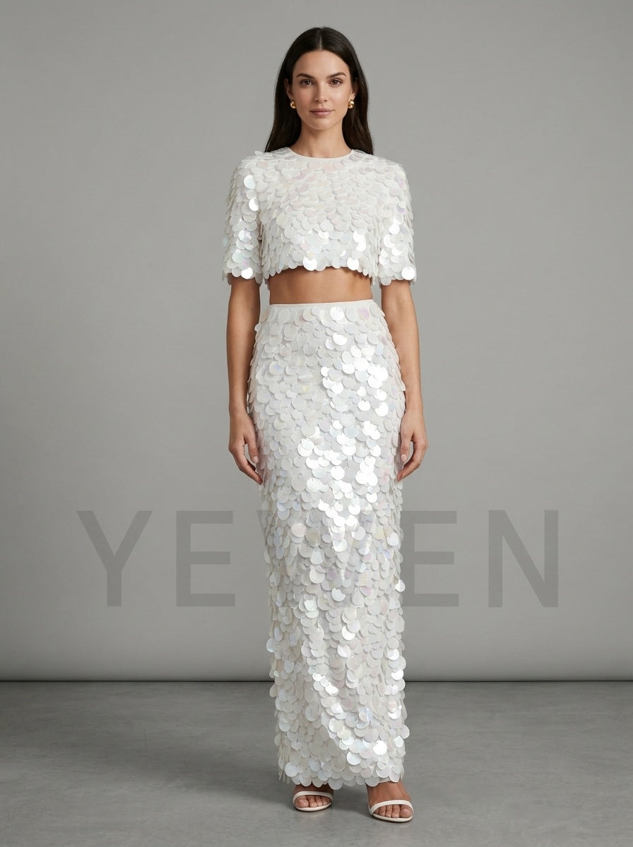 Two-Piece Sequin Party Dress Set with Crop Top and Long Skirt YD261005