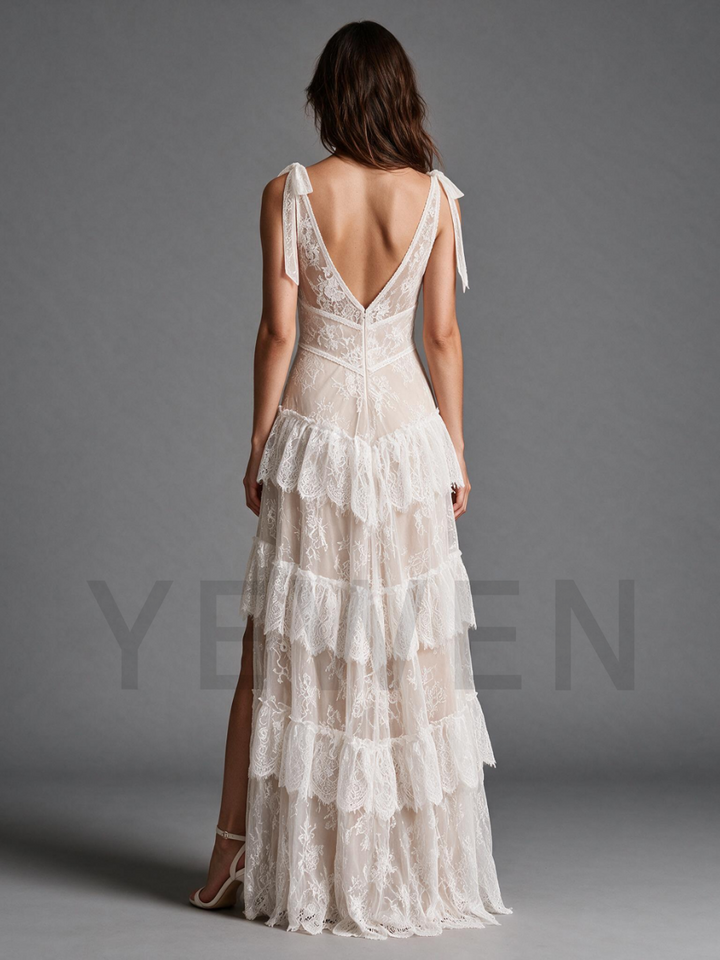 Ivory V-Neck Wedding Dress with Tie Shoulder Straps and High Slit Ruffle Skirt