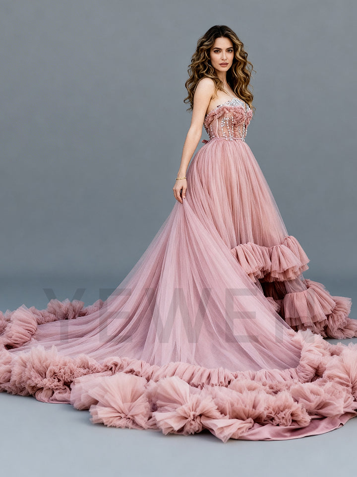 Customized Dusty Pink Beaded Tulle Dress Strapless Ruffles Skirt Occasion Dress