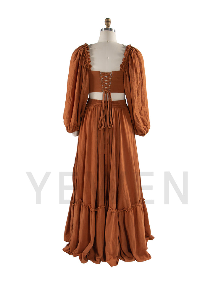 Long Sleeves Adjust Back Woman Cotton Maxi Dress Photoshoot Dresses Outfit YW231113