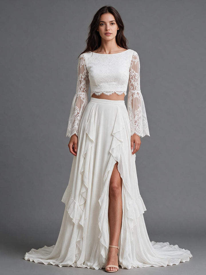 Ivory Two-Piece Lace Crop Top Sheer Bell Sleeves Boho Wedding Dress