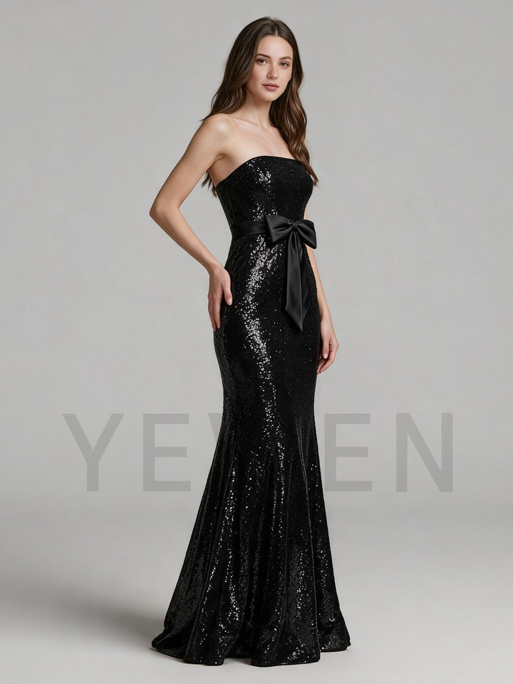 Black Sequin Strapless Bow Belt Fitted Mermaid Evening Gown YW2610213