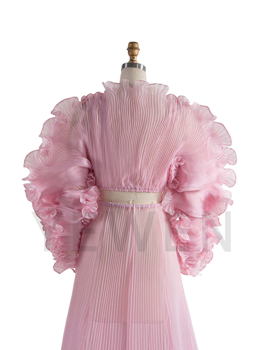 Pink Color 2 Piece Set Pleated Organza Maternity Dresses for Photoshoot Sheer Dress for Maternity Baby Shower YW250013-1
