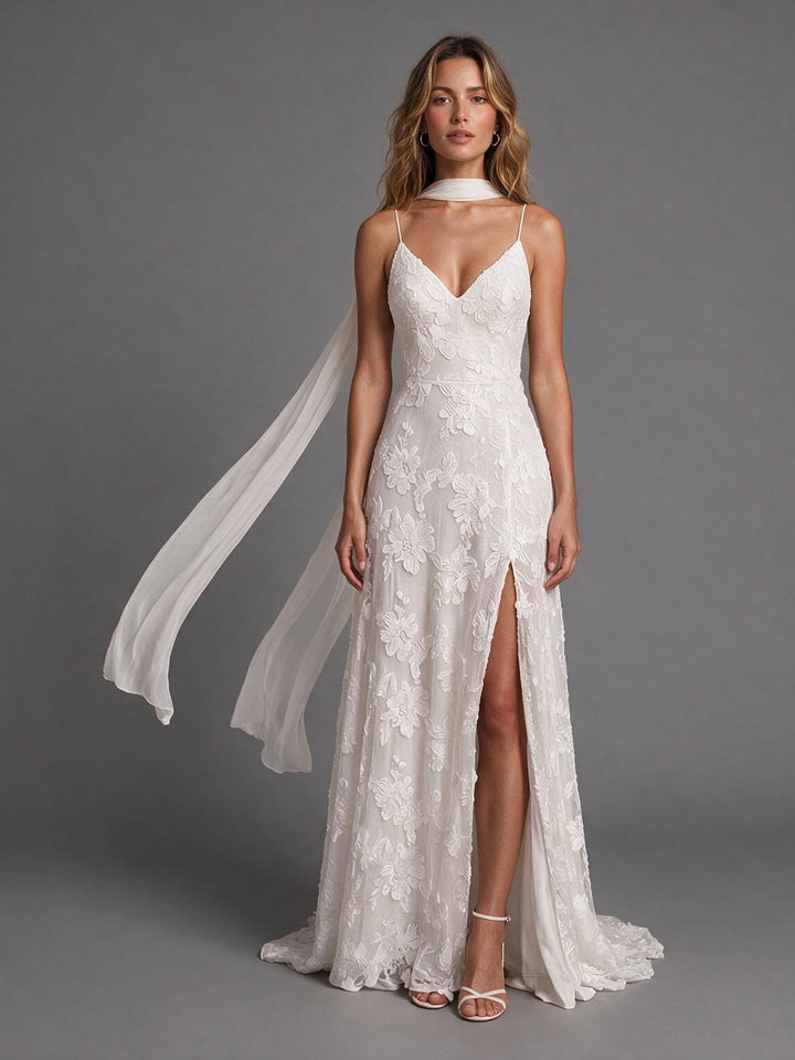 Ivory Spaghetti Strap V-Neck Floral Wedding Dress with Flowy Scarf