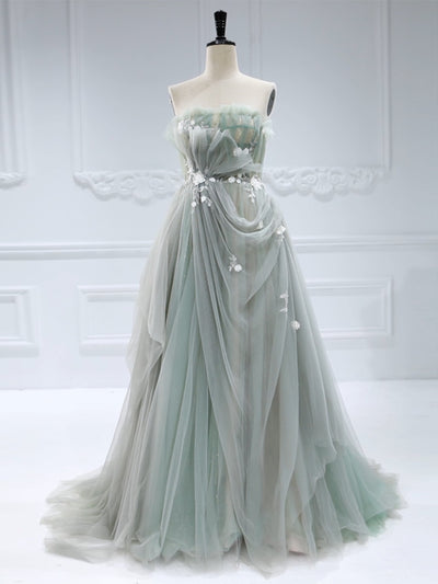 Strapless ,Pleated Tulle, Ball Gown with Applique Lace