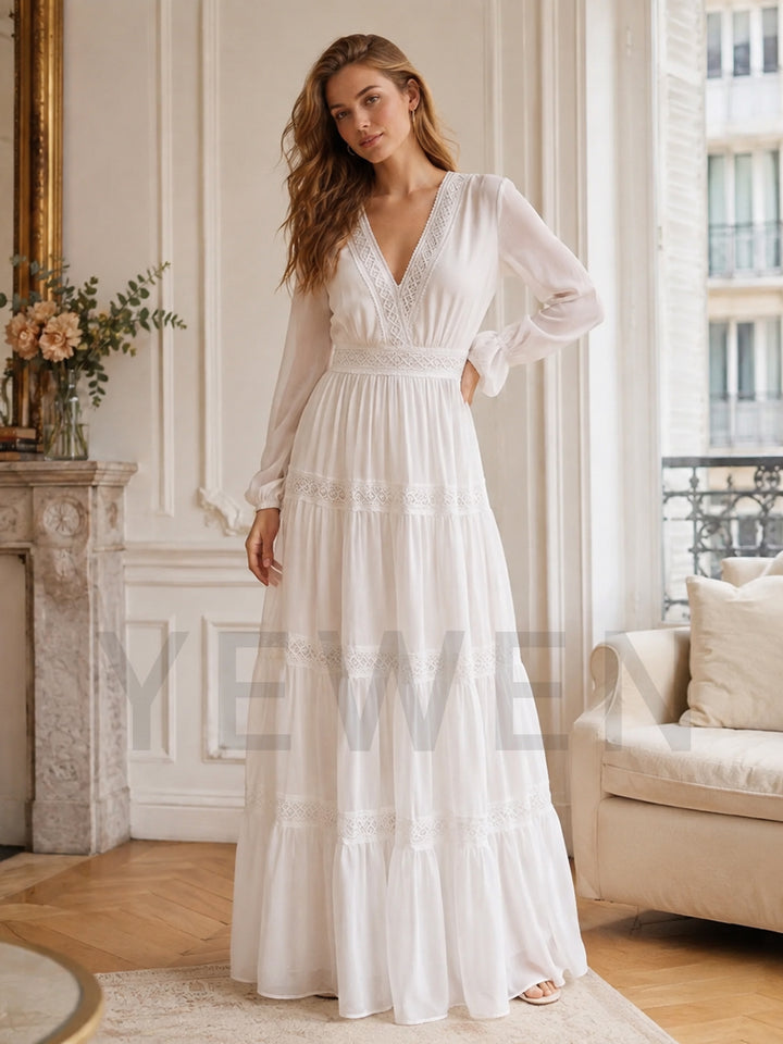 Ivory V-Neck Long Sleeve High Waist Boho Wedding Dress with Lace Trim
