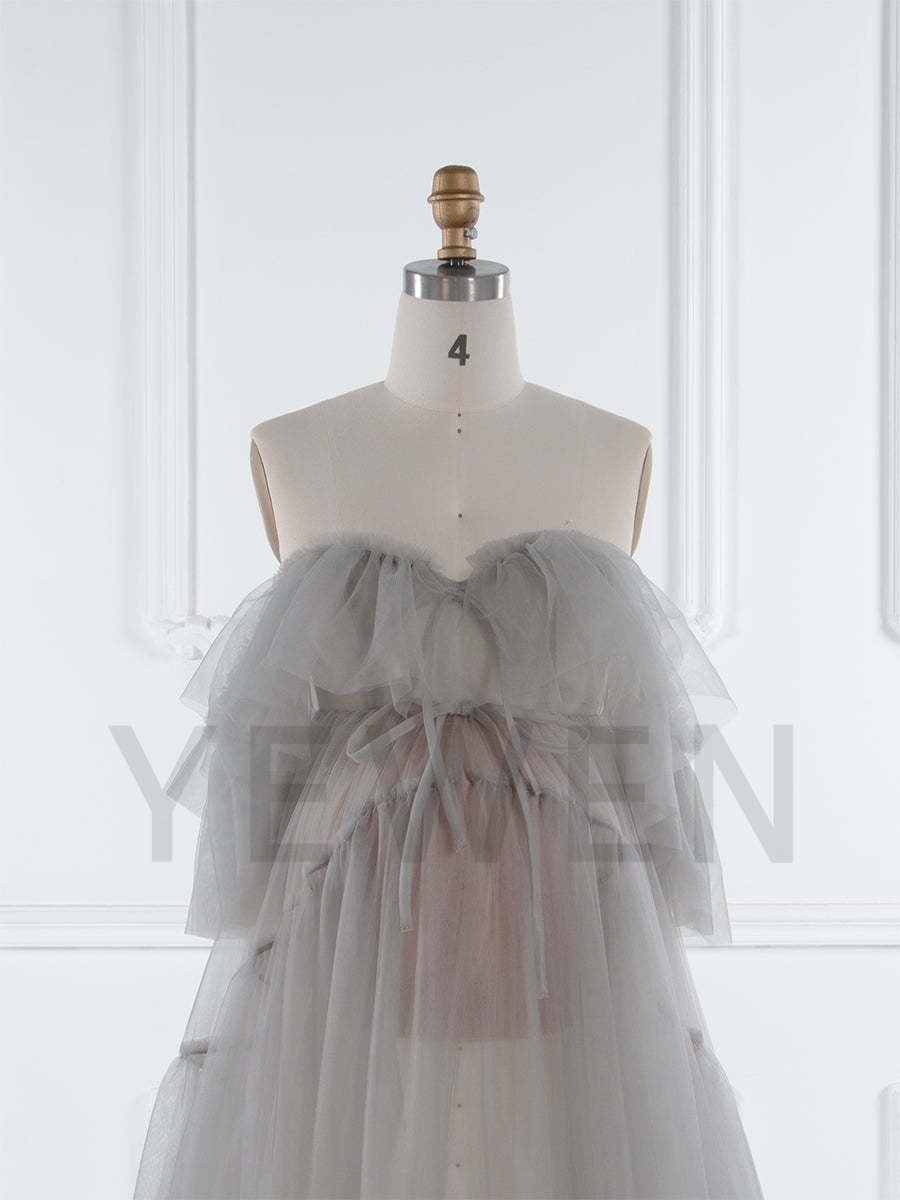 Sheer Tulle Maternity Dress with Ruffles for Photo Shoots Layered Tulle Maternity Robe Photography Dresses YW250004
