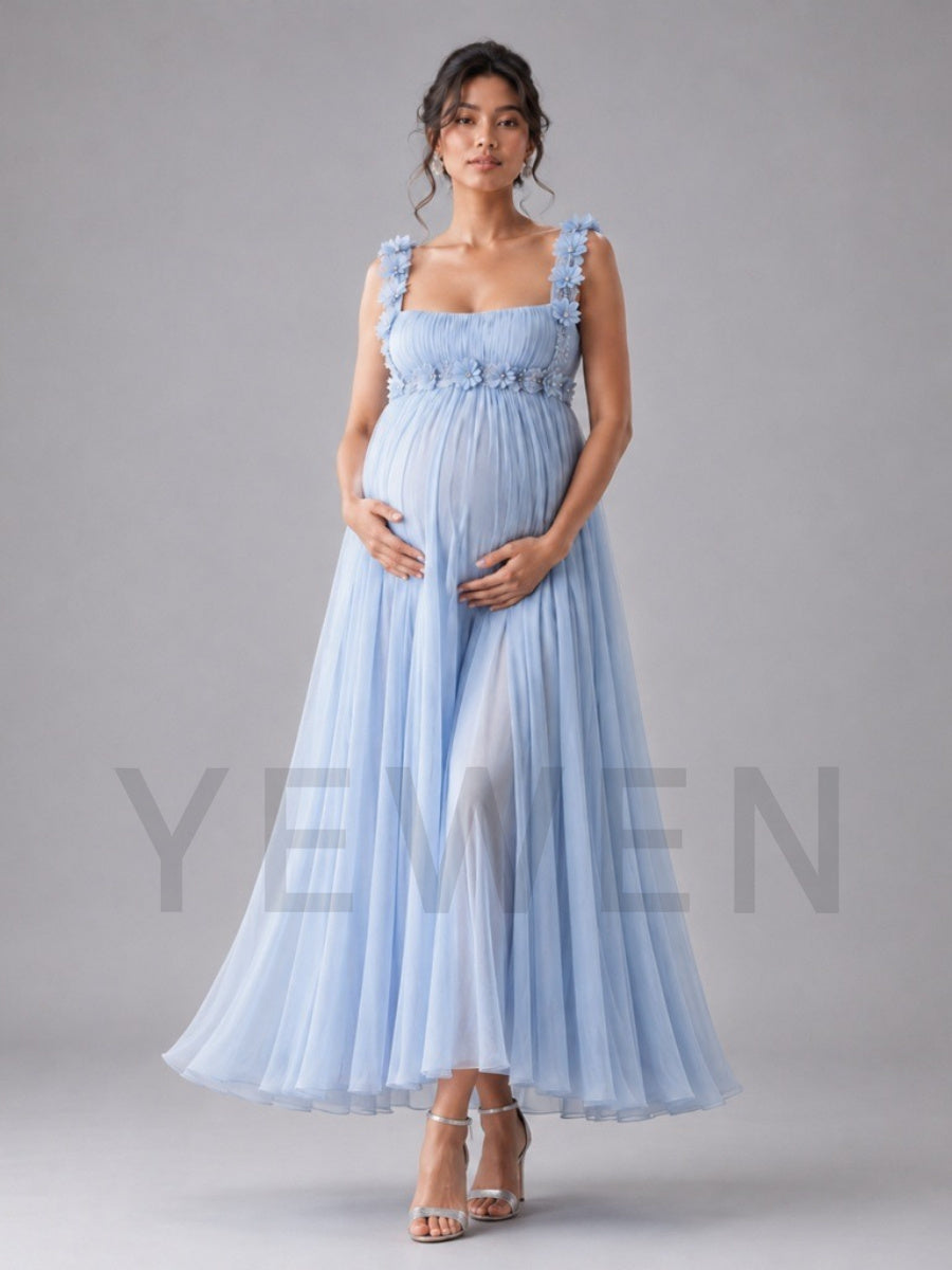 Light Blue Square Neck 3D Floral Maternity Baby Shower Dress L-26926