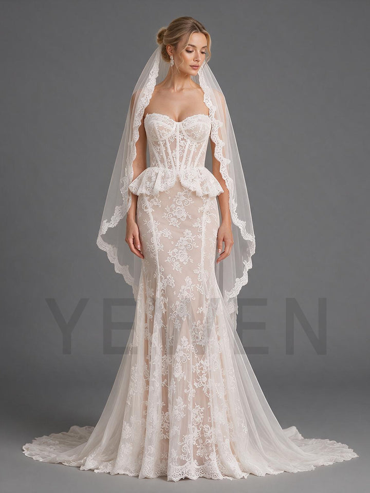 Ivory Sweetheart Corset Peplum Lace Mermaid Wedding Dress (without Veil)