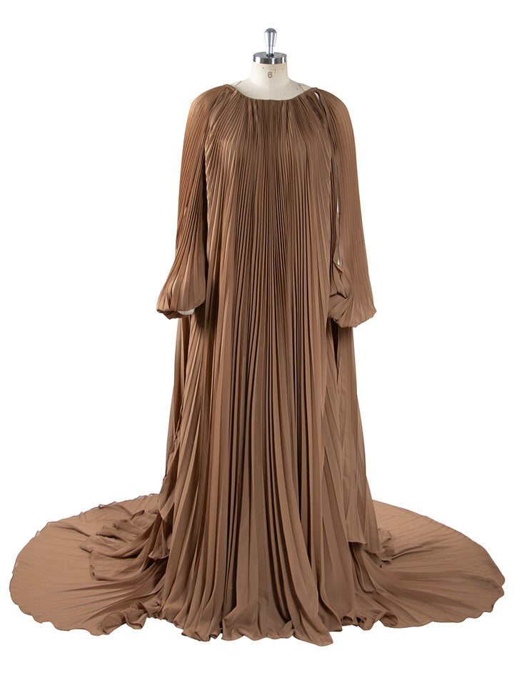 Flowing Pleated Blue Maternity Gown for Photoshoot Elegant Off Shoulder Pregnancy Dress with Long Train YW250071