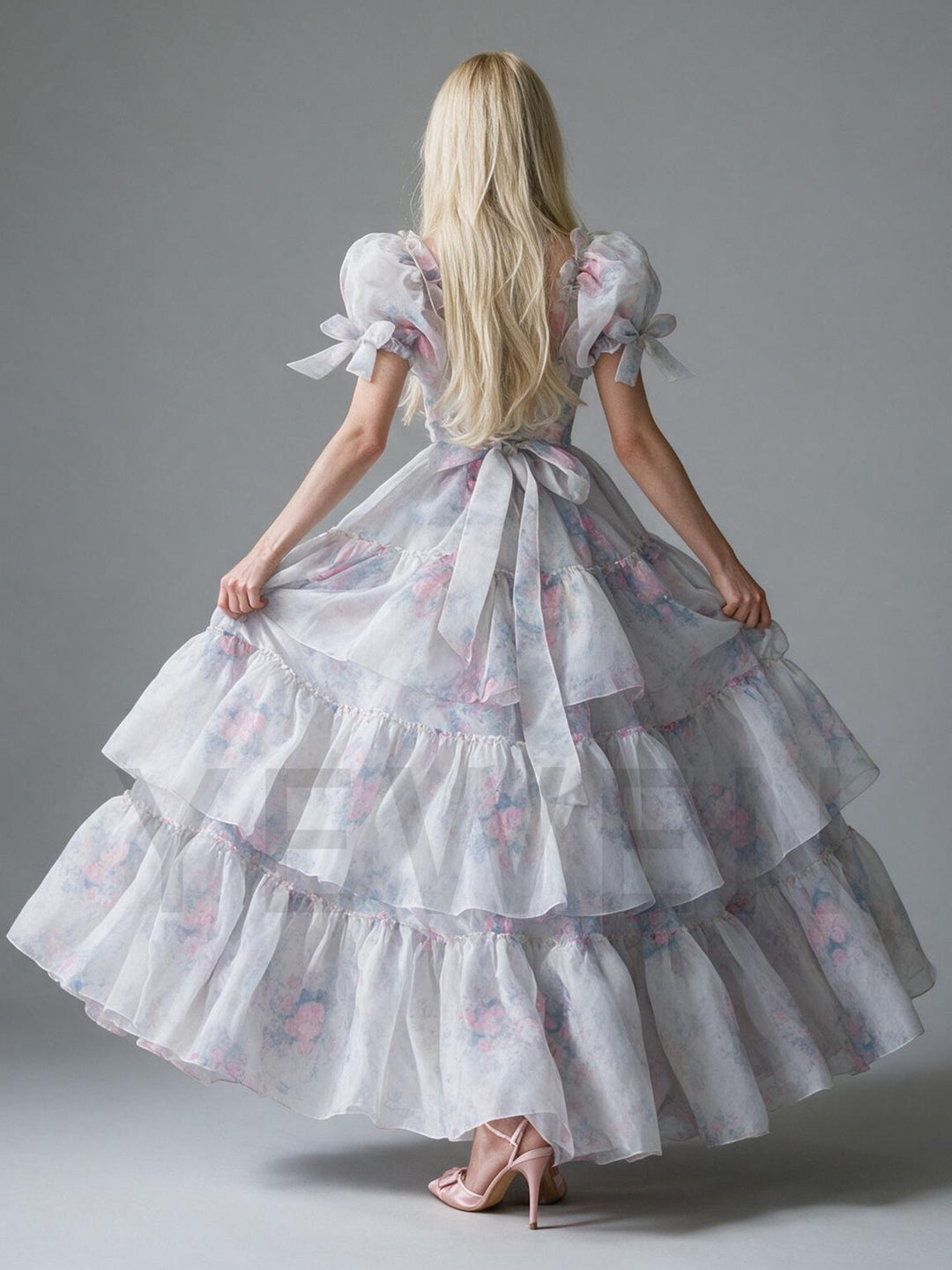 Floral Puff Sleeve High-Low Tiered Ruffle Princess Dress YW2609272