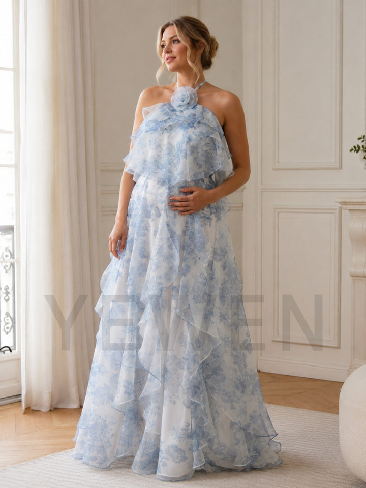 Blue Floral Halter 3D Flower Maternity Gown | Ruffle Tiered Maxi Gown