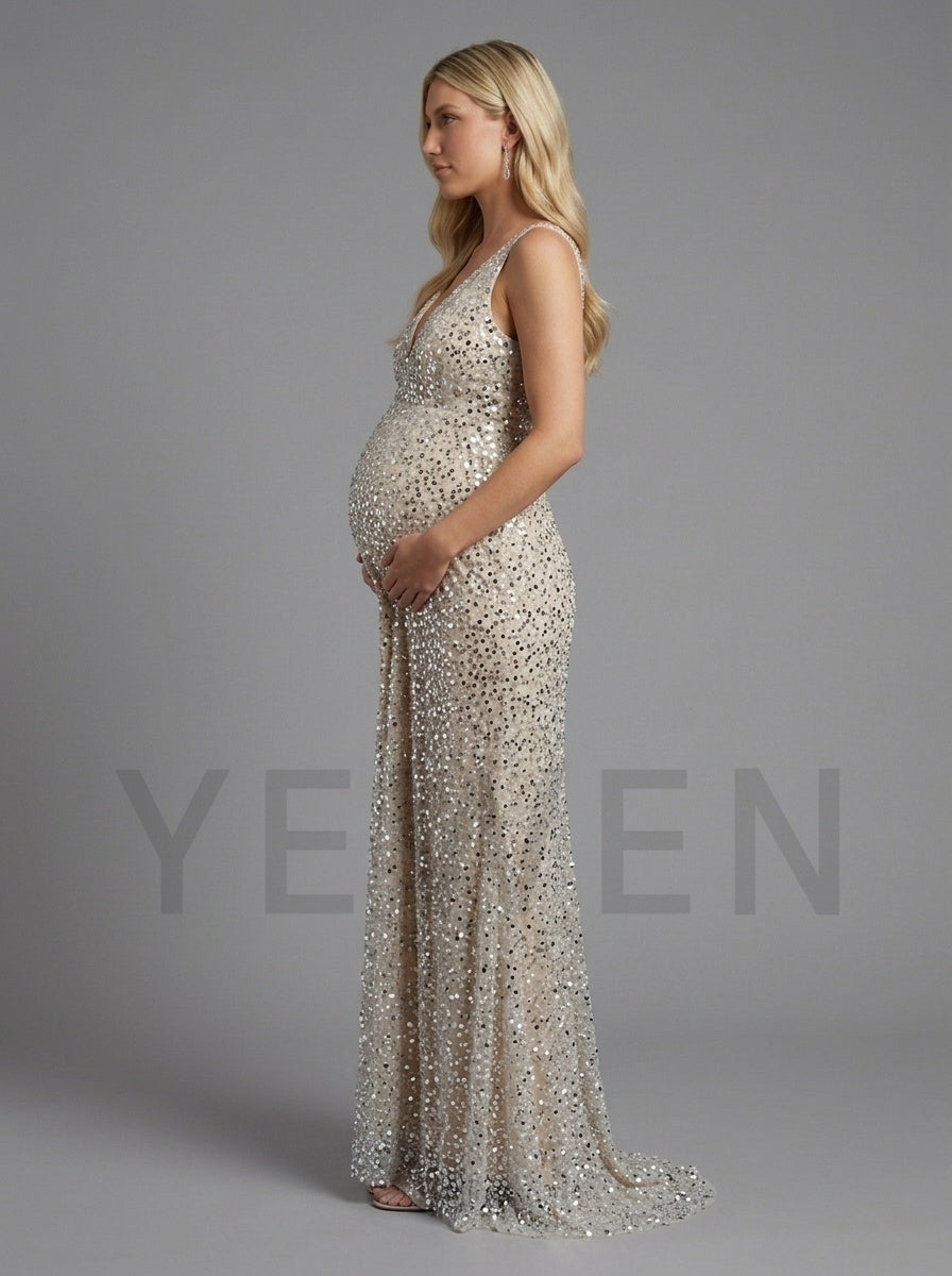Sequin Deep V-Neck Maternity Gown for Baby Shower YD261012