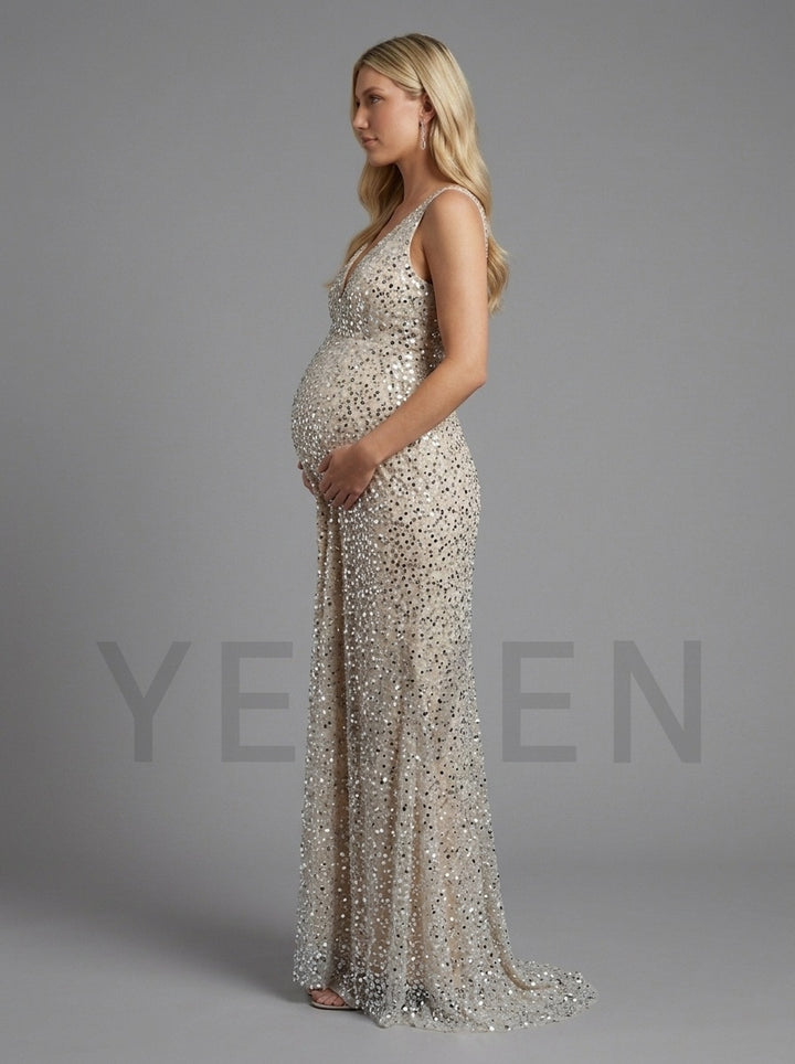 Sequin Deep V-Neck Maternity Gown for Baby Shower YD261012