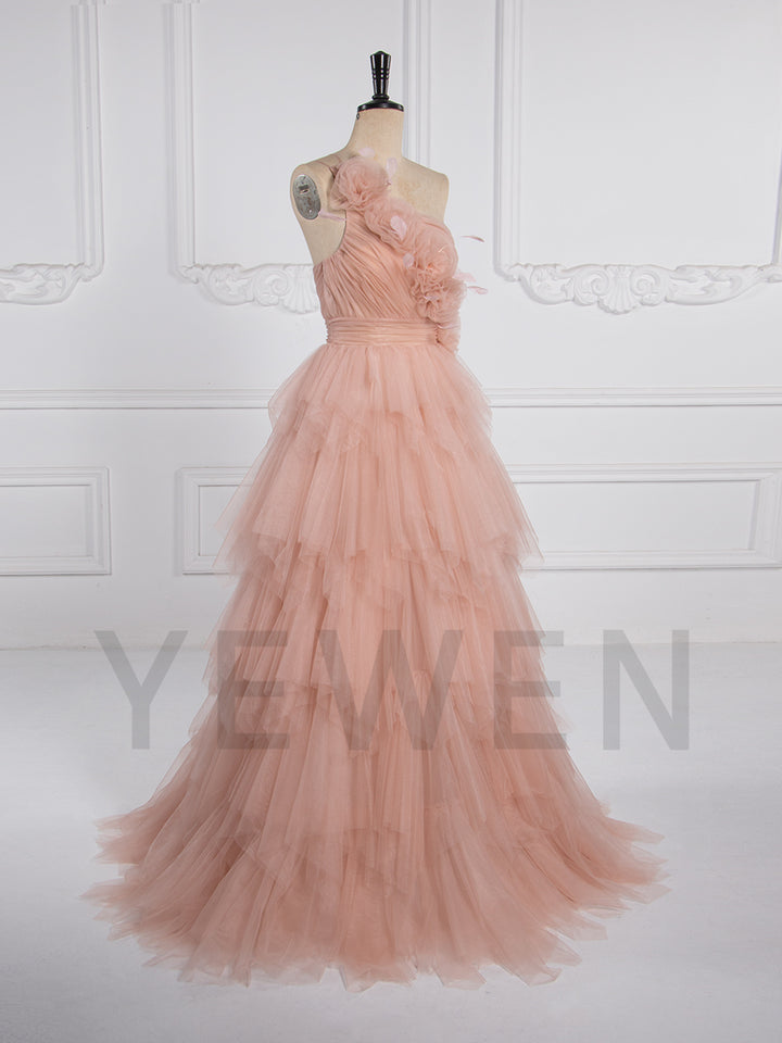 Elegant Prom Dresses for Party One-shoulder with Handmade Flowers Layer Tulle Dress for Event YW250068