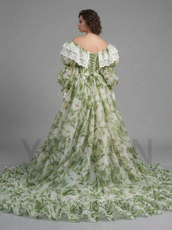 Floral Off-Shoulder Lace Ruffle Puff Sleeve Princess Dress YD260922