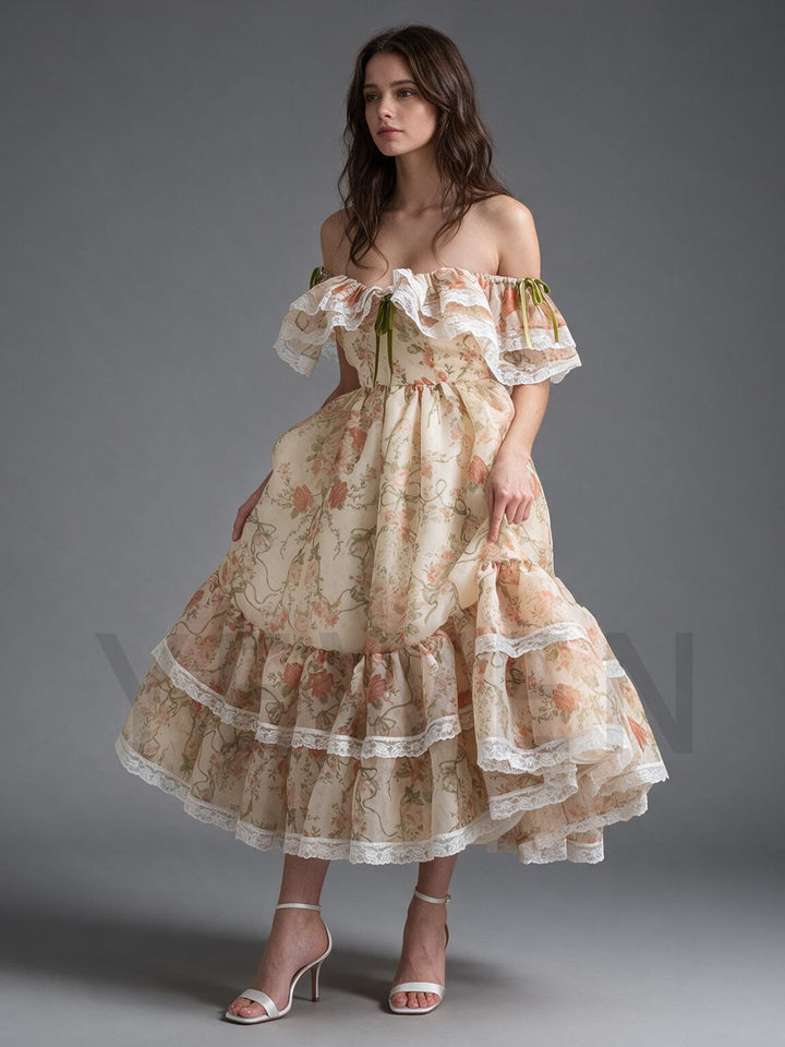 Cream Rose Floral Off-Shoulder Lace Ruffle Princess Dress YW2609291