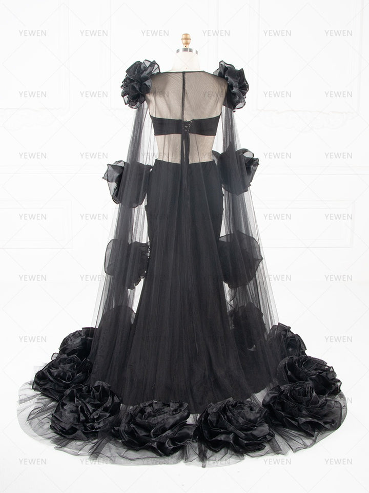 Dramatic Black Maternity Dress Photoshoot Big Flower Cape 3 Piece Set Baby Shower Dress YW250087