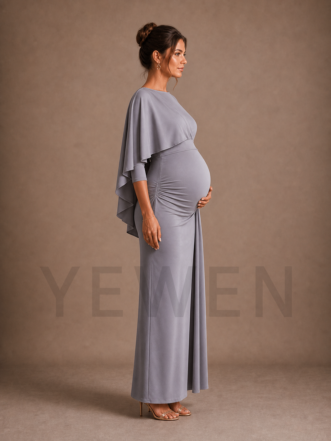 Slate Gray Maternity Baby Shower Dress Boat Neck Gown with Asymmetric Cape ZX020