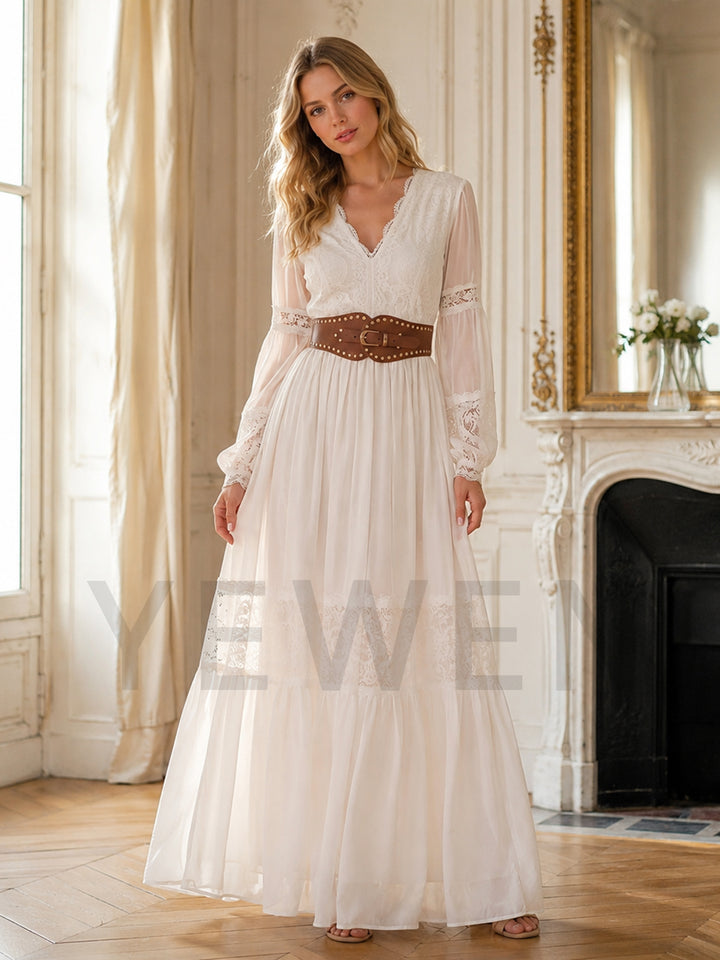 Ivory V-Neck Long Sleeve Boho Wedding Dress with Brown Belt
