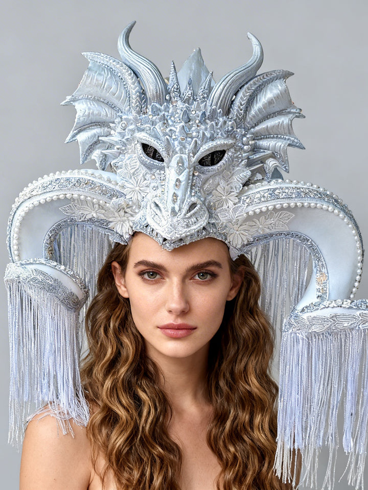 Hair Accessories Silver Dragon Mask Headpiece with Fringes Fantasy Cosplay Headdress for Carnival Photoshoot YW2603142D