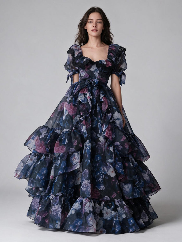 Dark Floral Print Puff Sleeve Tiered Ruffle Princess Dress YW2610131