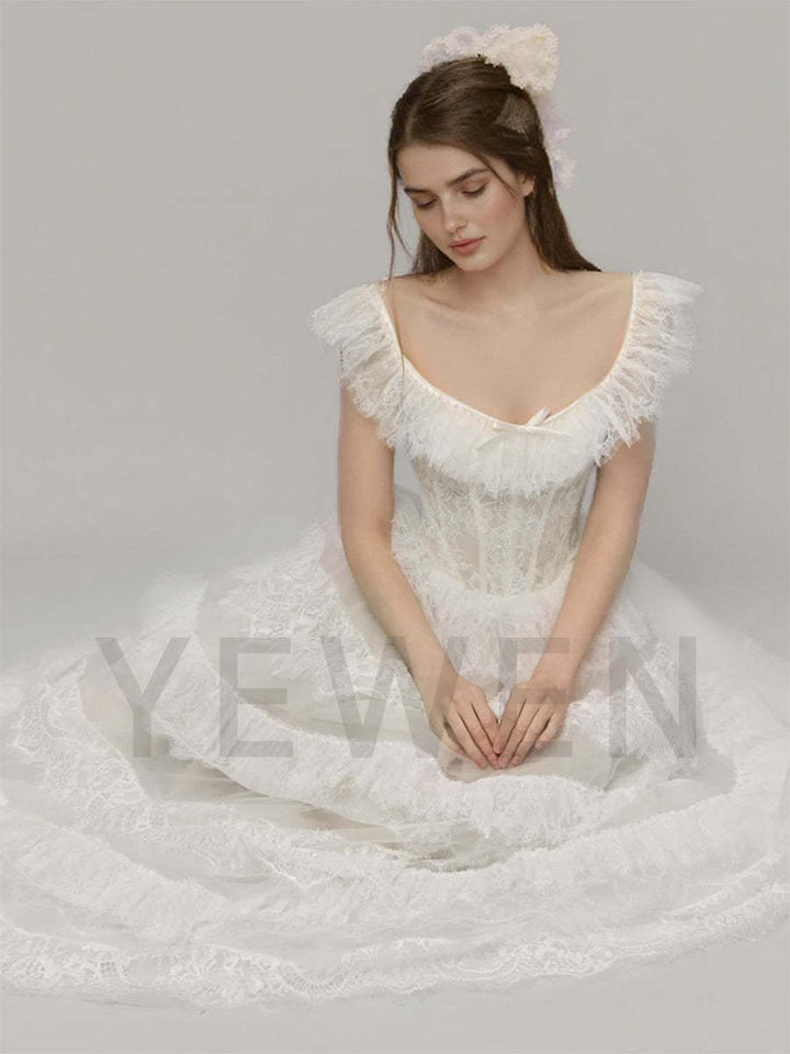 Bridal Wedding Dresses Strapless Lace bohemian Wedding Dress Layer Ruffles Long Customized Gown