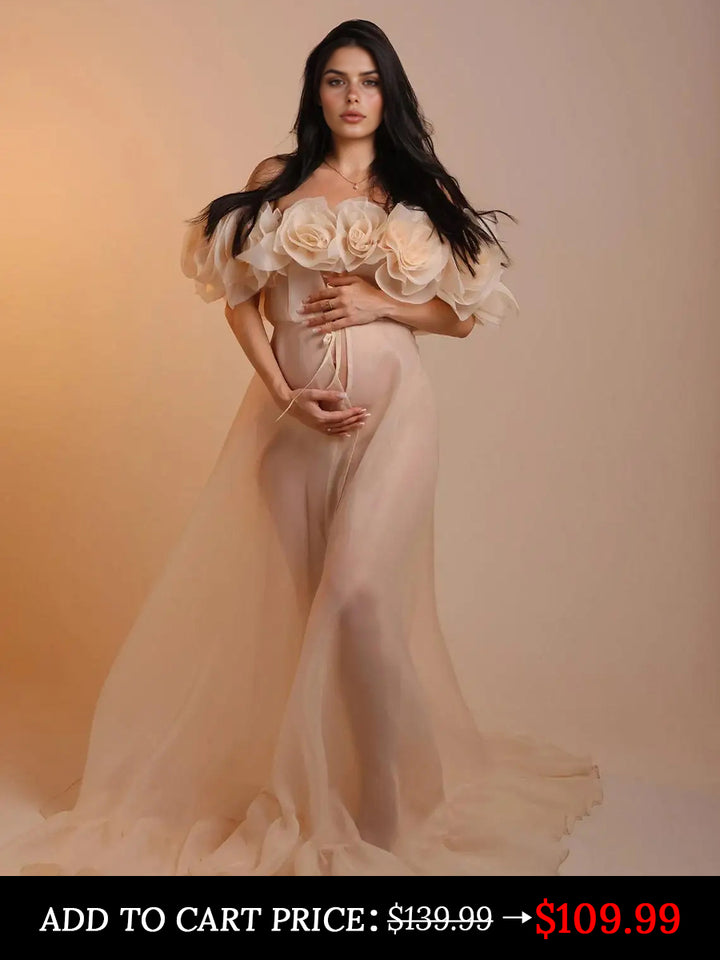 Maternity Dress for Photo Shoot 3D Flower See Through Maternity Gown Organza Sheer Pregnancy Dress for Pictures YW250023