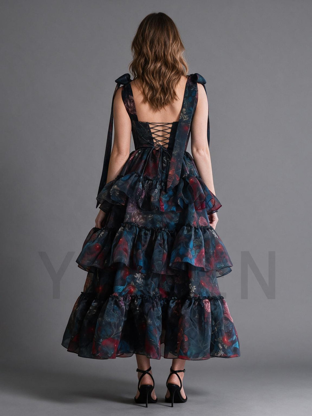 Tie Bow Floral Print Tiered Ruffle High-Low Princess Dress YW2610132