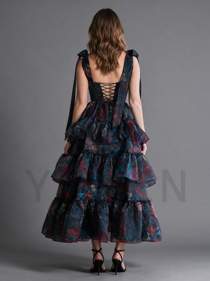 Tie Bow Floral Print Tiered Ruffle High-Low Princess Dress YW2610132